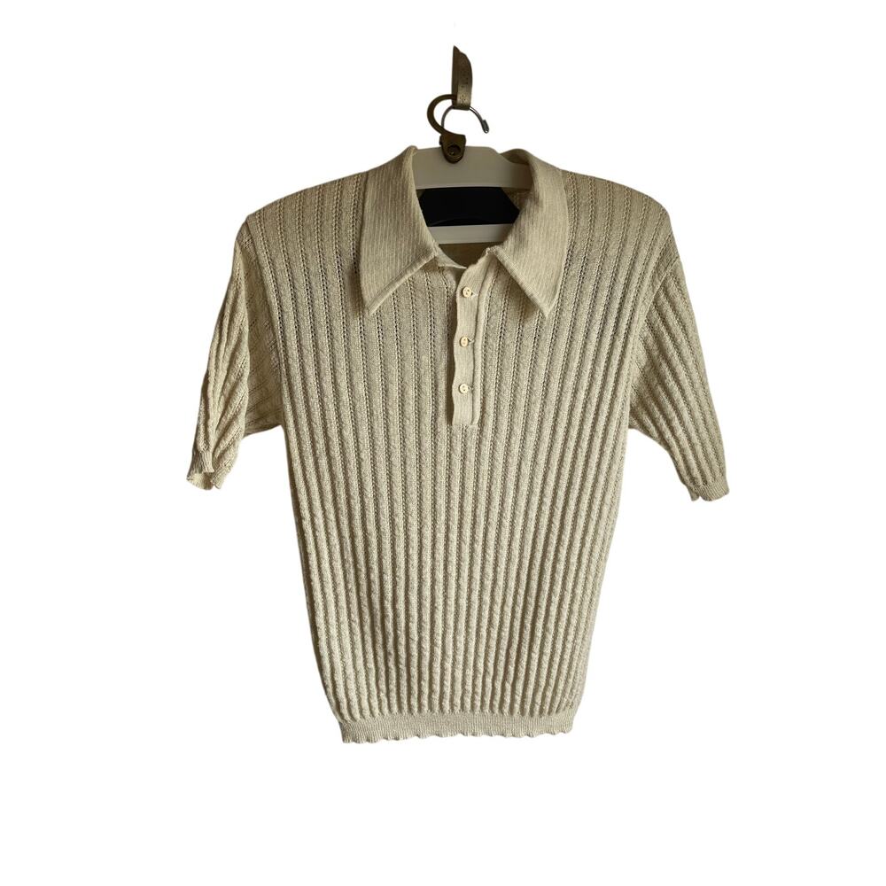 Mesh Knit Polo M L Ivory Dagger Collar American Vintage 70s Grandpacore